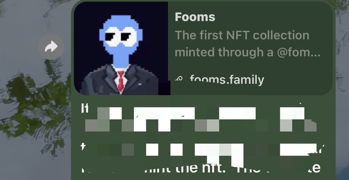 A digital profile for "Fooms" describes it as "The first NFT collection minted through a @fom..." with a link to fooms.family and a pixelated avatar of a blue alien in a suit.