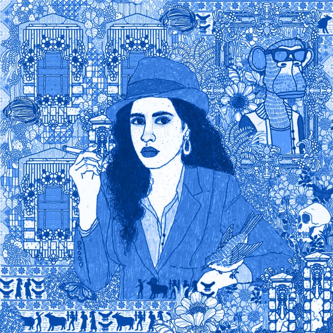 A detailed blue and white illustration of a dark-haired woman in a fedora holding a cigarette and a small bird, surrounded by intricate decorative patterns including floral motifs, a skull, and a monkey wearing sunglasses.