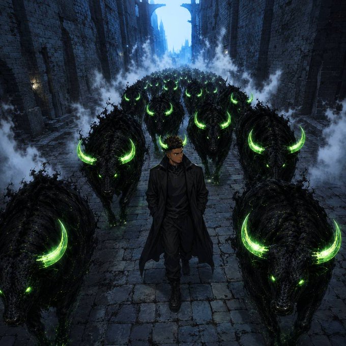 A confident figure in a black trench coat leads a stampede of shadowy, green-horned beasts through a foggy medieval alleyway, projecting dominance and forward momentum. The image visually echoes the post's bullish message by depicting a powerful force charging ahead, suggesting investors should aggressively raise their targets and ride the unstoppable trend.