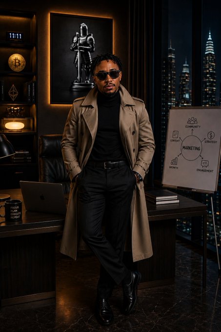 The post is likely referencing the Bitcoin ticker on the clock display and the "$STKR Soldier" branding, with the figure's confident pose beside a "MARKETING" strategy board reinforcing the message about consistent work ethic over credentials. The sleek, powerful figure in the trench coat and sunglasses embodies the disciplined "soldier" mentality that the caption praises.