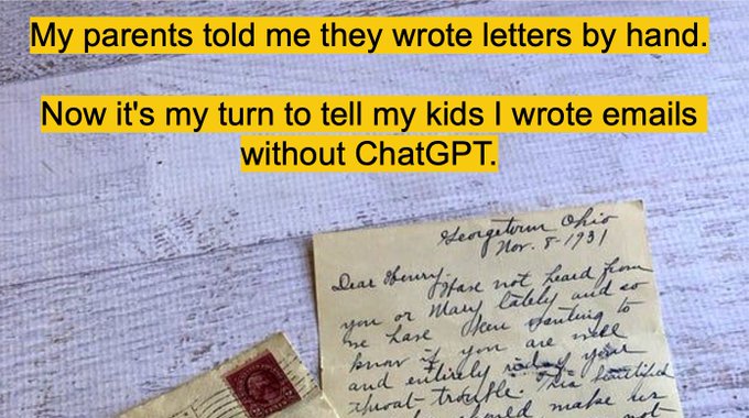 A meme featuring a handwritten letter from Georgetown, Ohio dated November 8, 1931, with overlaid text reading 'My parents told me they wrote letters by hand. Now it's my turn to tell my kids I wrote emails without ChatGPT.'