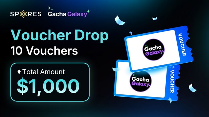 A promotional graphic featuring two Gacha Galaxy vouchers with serrated edges, displayed against a dark background with floating crescent shapes. It highlights "SPORES" and "Gacha Galaxy" branding, advertising "Voucher Drop" of 10 Vouchers with a Total Amount of $1,000.