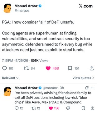 The image shows two Twitter posts about cryptocurrency, specifically Bitcoin. One post suggests that Bitcoin is now considered "all of DeFi unsafe" due to vulnerabilities, while the other post warns against investing in Bitcoin as a hedge against market fluctuations. The posts are written by a user named Manuel Arraz and include quotes from experts such as Maraoz.
