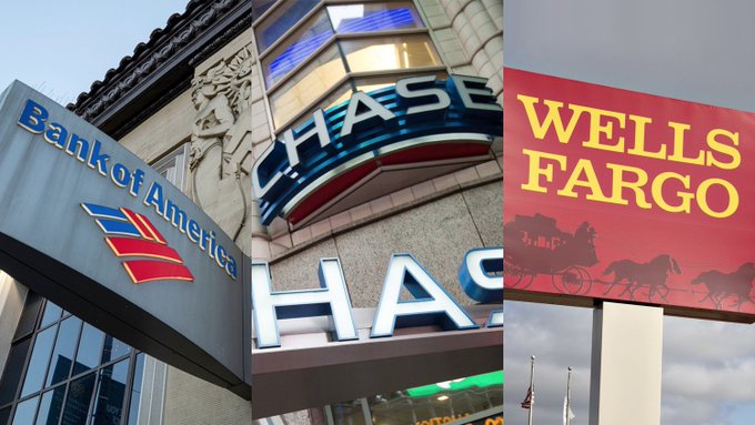 A collage of three major U.S. bank signs—Bank of America, Chase, and Wells Fargo—displayed in vibrant lettering, visually reinforcing the news that these banking giants are reportedly exploring the launch of their own stablecoins. The imagery underscores the growing convergence of traditional banking and the digital currency space.