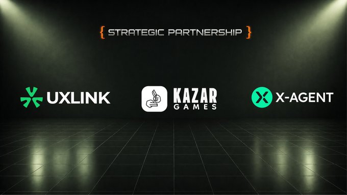 The image features a poster with four logos displayed against a black background. The poster includes logos for UXLINK, KAZAR Games, and X-Agent. The text on the poster reads "Strategic Partnership" followed by the names of the companies involved in the partnership.