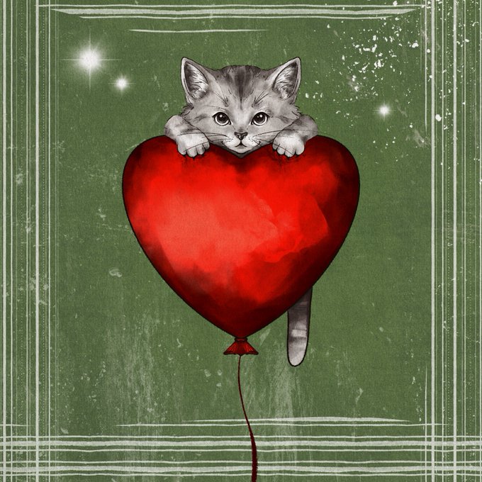 An illustration of a small gray kitten peering over a large red heart-shaped balloon against a textured green background with sparkling stars and a decorative border.