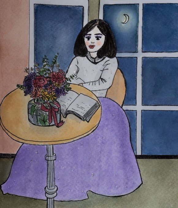 An illustration of a sad girl with long black hair sitting at a round table with a book and a vase of flowers, wearing a purple skirt and a white sweater, with a crescent moon visible through the window behind her.