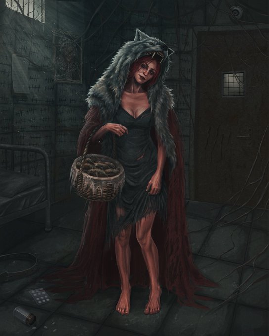 A dark fantasy digital illustration of a red-haired woman wearing a wolf pelt over her head like a hood and a tattered black dress, holding a wicker basket in a dilapidated, shadowy room.