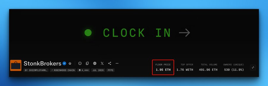 Screenshot of a StonkBrokers NFT collection page showing a 'Clock In' button and stats including Floor Price 1.95 ETH, Top Offer 1.76 ETH, Total Volume 491.96 ETH, and Owners 530.