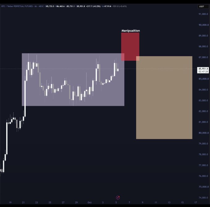 A BTC/USDT perpetual futures chart on the 6-hour timeframe shows price action with a purple rectangle highlighting a consolidation zone around $83,000-$87,000, and a red box labeled 'Manipulation' marking a sharp price spike above the range.