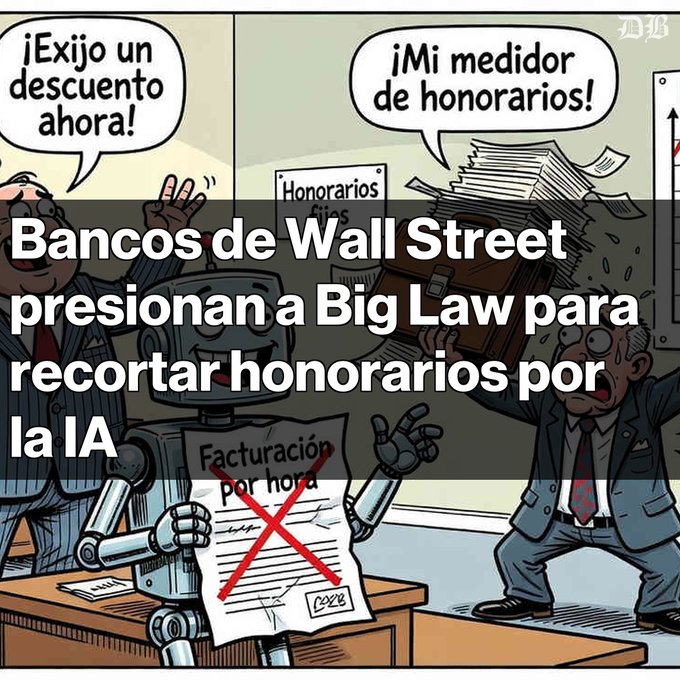 Cartoon image overlaid with Spanish text reading 'Bancos de Wall Street presionan a Big Law para recortar honorarios por la IA' (Wall Street banks pressure Big Law to cut fees due to AI), depicting businessmen arguing with a robot holding an invoice with a red X over 'Facturación por hora' (hourly billing).