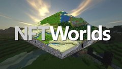 A 3D rendering of a Minecraft-style blocky island with the text "NFT Worlds" across the center.