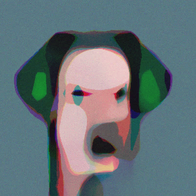 An abstract, distorted digital portrait with a glitch-like, colorful aesthetic, featuring a central pale face against a solid teal background.