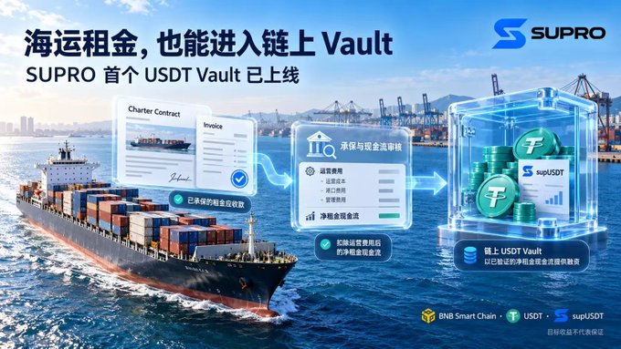A promotional graphic for SUPRO featuring a cargo ship, document icons for 'Charter Contract' and 'Invoice', and Chinese text including '海运租金, 也能进入链上 Vault' and 'SUPRO 首个 USDT Vault 已上线'.