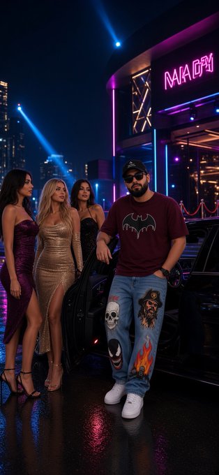 A nighttime scene outside a neon-lit venue labeled 'MAAM' in pink, showing a man wearing a maroon Batman t-shirt and flame-patterned jeans standing next to three women in dresses beside a black vehicle.