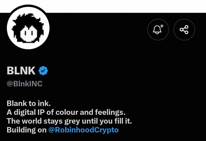 The image shows the X (formerly Twitter) profile of @BlnkINC, featuring a pixelated black-and-white character logo, a blue verified checkmark, and the tagline "Blank to ink. A digital IP of colour and feelings. The world stays grey until you fill it. Building on @RobinhoodCrypto." This aligns with the accompanying post highlighting the project's focus on an expandable digital IP centered around colors and emotions, built on the Robinhood Chain.