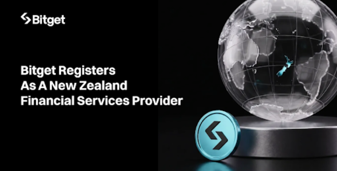 A promotional banner announcing 'Bitget Registers As A New Zealand Financial Services Provider,' featuring the Bitget logo and a 3D rendered globe with New Zealand highlighted alongside a blue coin.