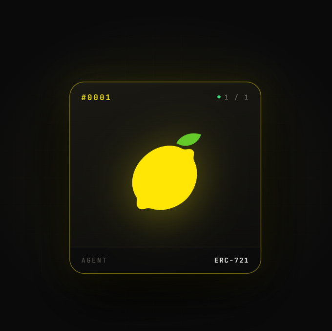 A glowing lemon illustration labeled "#0001" with the text "AGENT" and "ERC-721" appears as a digital collectible card. It represents the "$PUNK" NFT collection on OpenSea, linked to the contract address 0x1609426ea1d6b7200696a2f5ef6a0d8de10f4d9a on Robinhood Chain.