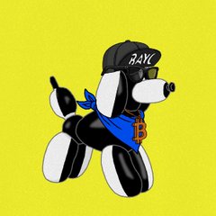 A cartoon illustration of a black and white dog dressed as a stereotypical 'gangster' with a backward cap reading 'BAYC', a blue bandana, and gold chains, set against a bright yellow background.
