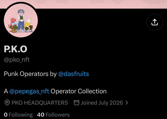 The image shows a Twitter/X profile for "P.K.O" (@pko_nft), a "Punk Operators" NFT collection by @dasfruits described as a @pepegas_nft Operator Collection, with 40 Followers, 0 Following, based at PKO HEADQUARTERS, and joined July 2026. This aligns with the post highlighting it as an early alpha NFT project with only 40 followers, created by @Dasfruits.