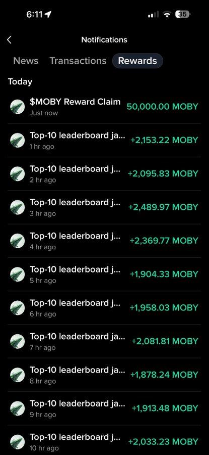 A mobile app's "Rewards" notifications tab displays a $MOBY Reward Claim of 50,000.00 MOBY "just now" at the top, followed by 10 top-10 leaderboard payouts ranging from approximately +1,878.24 MOBY to +2,489.97 MOBY earned over the past 10 hours. The image illustrates the post's claim by showing tangible, frequent MOBY token rewards accumulated simply from trading activity.