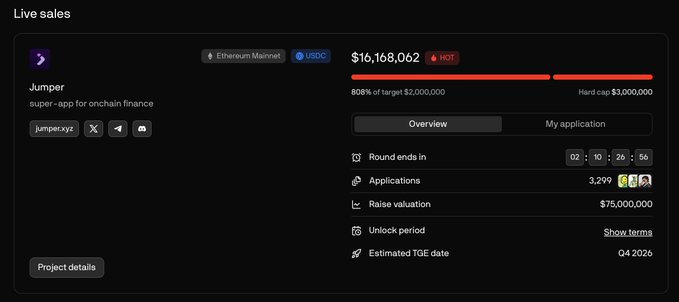 A screenshot of a cryptocurrency presale dashboard for "Jumper," showing $16,168,062 raised on the Ethereum Mainnet, 808% of target, with a raise valuation of $75,000,000 and an estimated Q4 2026 TGE date.