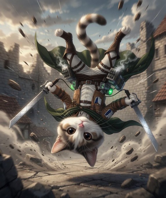 ꓜ리성의 cat with a sword in its mouth, wearing a green outfit that looks like a suit of armor.