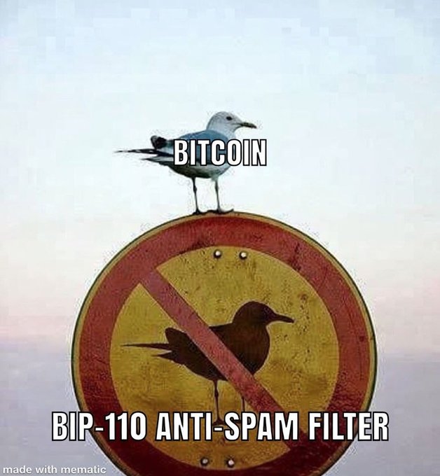A seagull labeled "BITCOIN" stands atop a "no birds allowed" sign labeled "BIP-110 ANTI-SPAM FILTER," visually representing Bitcoin's defiance of the proposed anti-spam measure as a statement of financial freedom.

Bitcoin perches triumphantly above the banned birds sign, symbolizing its resilience against the BIP-110 anti-spam proposal and embodying the crypto ethos of unstoppable, censorship-resistant freedom.