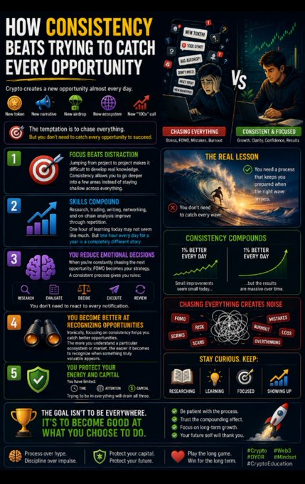 An infographic titled 'HOW CONSISTENCY BEATS TRYING TO CATCH EVERY OPPORTUNITY' comparing 'CHASING EVERYTHING' versus 'CONSISTENT & FOCUSED' approaches, with hashtags including #Crypto, #Web3, #BYOR, and #Mindset.