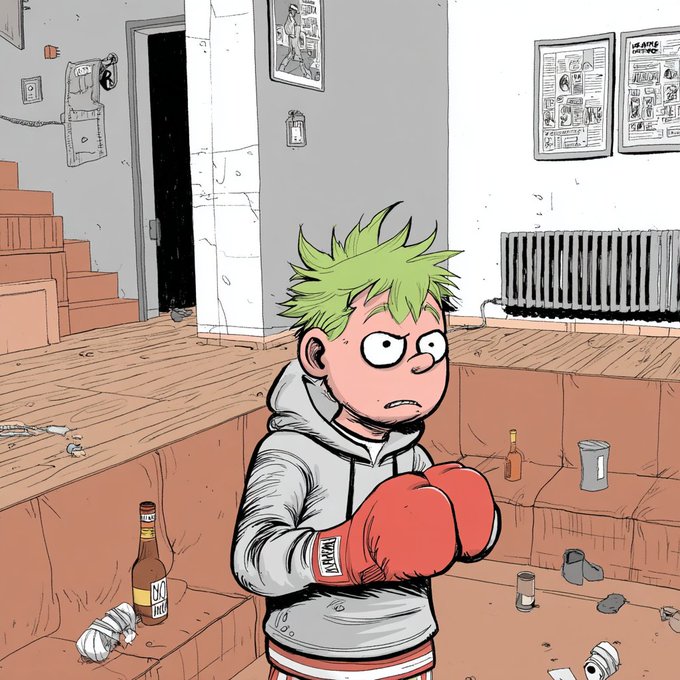A grumpy cartoon character with spiky green hair wearing boxing gloves stands in a messy basement with a couch, scattered bottles, and newspaper clippings on the wall, ready to throw punches at whatever "slop" comes his way.