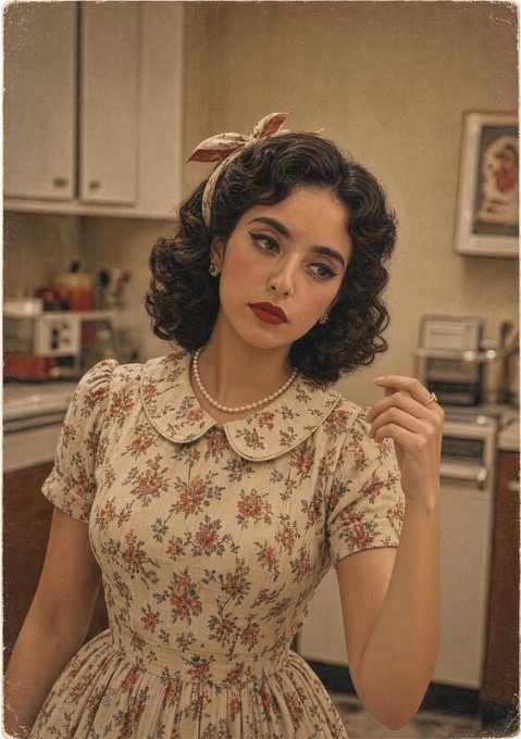 A woman dressed in vintage 1940s or 1950s attire, wearing a floral patterned dress with a Peter Pan collar, a pearl necklace, and a red headband tied in a bow, stands in a retro kitchen setting.