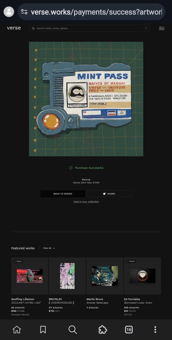 The image shows a successful purchase confirmation page on verse.works displaying a "Mint Pass" NFT artwork by "NAIVES BY MANNAY" (priced at 0.05 ETH), with the caption referencing the user's excitement about finally acquiring a Naive pass after a long wait, thanking @verse_works, @jerezizzz, and @jestersjpegs.