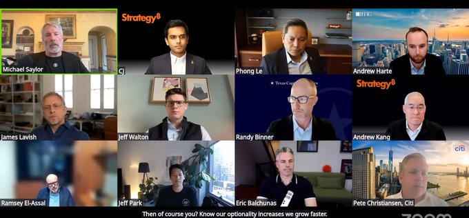 The image shows a presentation screen with 13 images of people giving presentations or discussing financial topics within a company setting. The company's name appears in the first three images, but the fourth one has "Strategy" written instead. The names of the presenters are also visible. The image includes the text "INTERESTING: Strategy’s Bitcoin holdings have lost about $13.5B in value since Saylor posted the earnings video", which is related to the post by the person named Jeff in the second-from-the-left image.