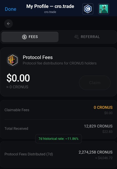 The image shows a screenshot of an app that displays information related to the Cronus currency, possibly used for trade or transactions. The app displays the historical price of Cronus as 1.79 Billion and shows a total received amount of 12,829.69, along with the fees involved in trading. There is also a claim on the screen regarding a previous transaction involving Cronus.