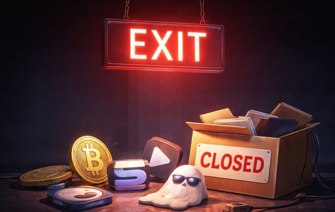 A digital illustration depicting the closure of a crypto-related platform, showing a glowing red 'EXIT' sign above a box labeled 'CLOSED' alongside Bitcoin coins, social media icons, and a ghost character wearing sunglasses.