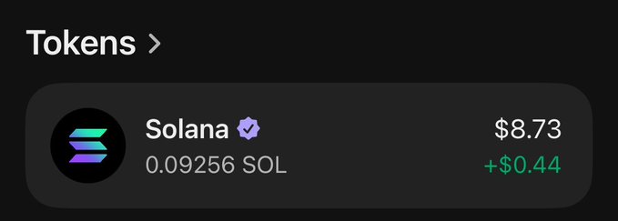 The image shows a token balance display for Solana (SOL), showing 0.09256 SOL valued at $8.73, with a daily gain of +$0.44. This humorous screenshot contrasts with the post's mockery of people celebrating SOL at $100, as the user's modest holdings amount to barely over eight dollars—highlighting the gap between crypto hype and actual portfolio reality.