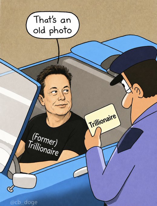 A cartoon depicts Elon Musk being shown an ID by a police officer; Musk's shirt reads "(Former) Trillionaire" while a speech bubble says "That's an old photo"; the ID says "Trillionaire".