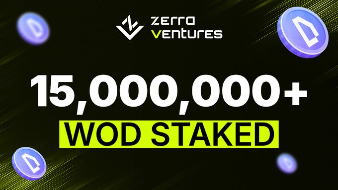 The image features a black background with white text that reads "15,000,000+ WOD Staked". The text is surrounded by blue circles representing tokens or coins. There are also three blue circles scattered around the edges of the image. The overall layout and design suggest that this is an advertisement for a project called "WOD Staked", which has gained significant attention from investors.
