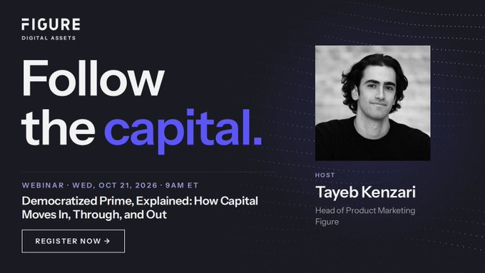 Webinar announcement from 'FIGURE DIGITAL ASSETS' titled 'Follow the capital' featuring host Tayeb Kenzari, Head of Product Marketing, advertising a session on 'Democratized Prime, Explained: How Capital Moves In, Through, and Out' on Wed, Oct 21, 2026.