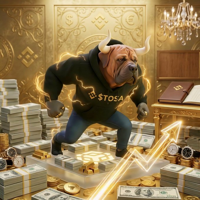 A muscular anthropomorphic bull character wearing a hoodie emblazoned with "$TOSA" stands atop stacks of cash, gold coins, and Bitcoin symbols amid a glowing upward arrow and lightning effects, symbolizing bullish momentum. The lavish golden room setting and abundance of wealth imagery align with the $TOSA Inu giveaway post, promoting token purchases, burns, and social engagement to win a share of the $1,000 prize pool.