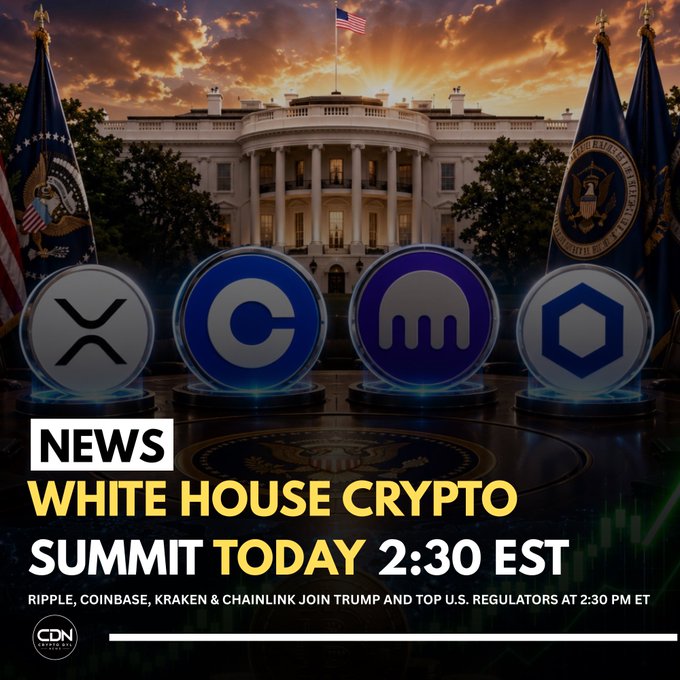 A promotional graphic featuring the White House at sunset alongside the XRP, Coinbase, Kraken, and Chainlink logos, with bold text announcing the "White House Crypto Summit Today 2:30 EST," where Ripple, Coinbase, Kraken, and Chainlink will join Trump and top U.S. regulators at 2:30 PM ET.