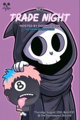 A promotional poster features a hooded grim reaper character with a skull face holding a small vampire creature, with text reading 'TRADE NIGHT HOSTED BY DOOMSTRY THE COLLECTIVE' and event details 'Thursday, August 29th, 8PM EST' from 'The Downward Discord'.