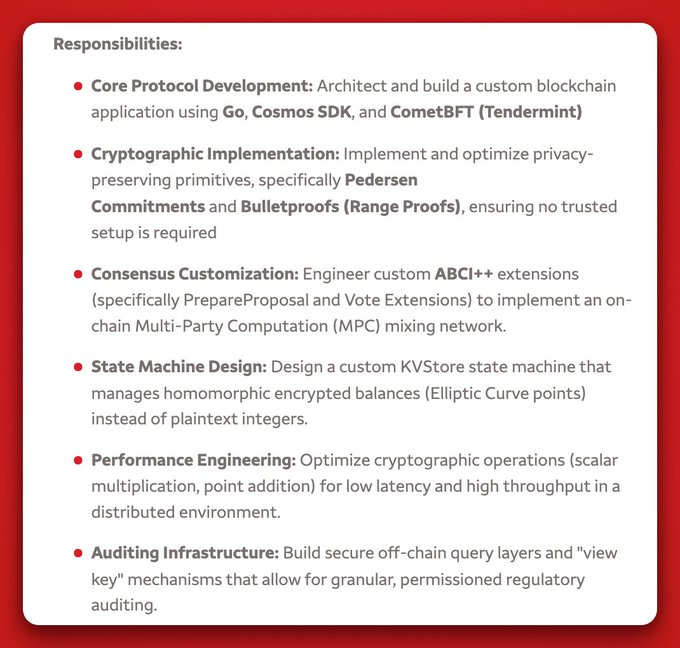 The image shows a job responsibilities list for an engineering role that requires building a custom blockchain using **Go, Cosmos SDK, and CometBFT (Tendermint)**, along with implementing Pedersen Commitments, Bulletproofs, ABCI++ extensions, and a custom KVStore state machine using Elliptic Curve cryptography. The list highlights technical requirements around cryptographic privacy, consensus customization, and performance engineering for a distributed environment.

The accompanying post sarcastically compares this technical job posting to Wells Fargo's approach, noting that the role specifically calls out **Cosmos SDK + CometBFT** expertise—suggesting institutional users benefit from Cosmos-built infrastructure without needing to publicly credit **$ATOM**, which fuels the poster's frustration that retail investors don't get similar brand recognition.