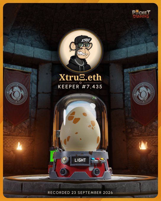 A 'Pocket Dragons' NFT artwork displays a spotted egg in a red machine labeled 'LIGHT', owned by 'Xtru.eth' as Keeper #7,435, recorded 23 September 2026.