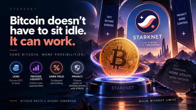 A promotional graphic for Starknet cryptocurrency featuring the text 'Bitcoin doesn't have to sit idle. It can work.' alongside a gold Bitcoin coin and features for lending, liquidity, yield, and privacy.