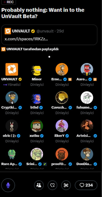 A screenshot of an X (Twitter) Spaces recording titled "Probably nothing: Want in to the UnVault Beta?" hosted by UNVAULT (@unvault), showing 234 listeners.