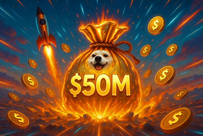 A vibrant digital illustration featuring a golden money bag with a Shiba Inu dog's face, labeled '$50M', surrounded by flying gold coins and a launching rocket against a fiery sky.