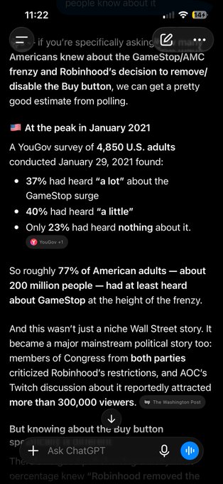 A screenshot of a ChatGPT conversation showing poll data about GameStop awareness, noting 77% of American adults (about 200 million people) had heard about the GameStop/AMC frenzy in January 2021, with 37% hearing "a lot" and 40% hearing "a little," while also mentioning bipartisan congressional criticism of Robinhood's buy button restrictions. The accompanying post celebrates Robinhood's notoriety over the buy button controversy, urging traders to hit $BUY in solidarity against the platform.