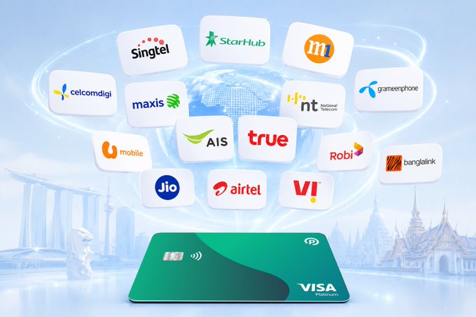 An advertisement showing a Visa Electron card surrounded by various Asian telecommunications company logos including Singtel, StarHub, celcomdigi, maxis, AIS, true, Jio, airtel, and VI, set against a blue globe background with Asian landmarks.