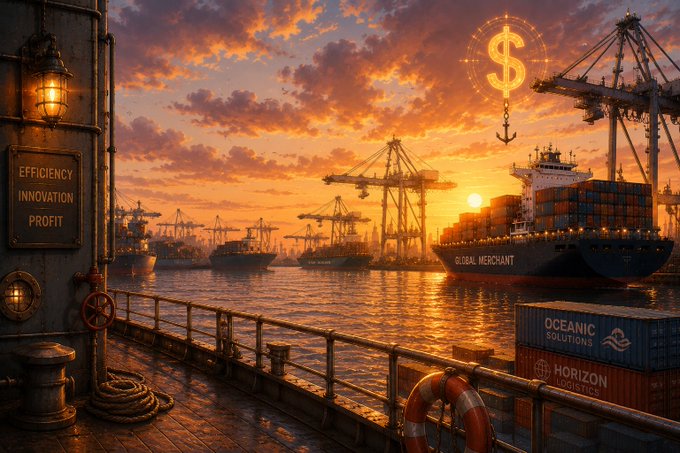 A bustling shipping port at sunset featuring the "Global Merchant" cargo ship, gantry cranes, and shipping containers labeled "Oceanic Solutions" and "Horizon Logistics," with a dollar sign hook symbol overhead and a dock pillar reading "Efficiency, Innovation, Profit."

The image visually anchors the tweet's point by showing the tangible, real-world maritime infrastructure—ships, cranes, and cargo—that forms the underlying physical asset of the $EthraShip RWA before any tokenization occurs.